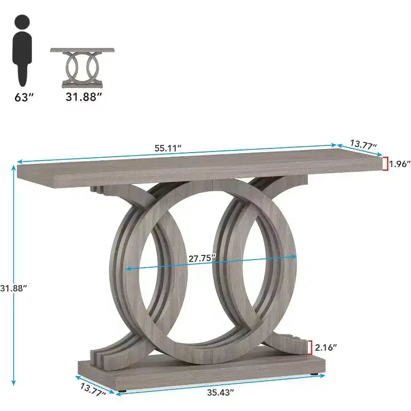 Table console de 55 pouces avec piètement géométrique, style rustique, table en bois pour couloir/entrée/canapé, pour la décoration et le rangement (grise)