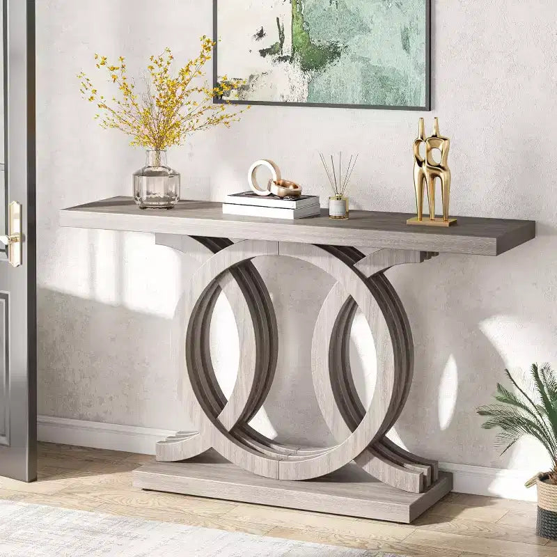 Table console de 55 pouces avec piètement géométrique, style rustique, table en bois pour couloir/entrée/canapé, pour la décoration et le rangement (grise)