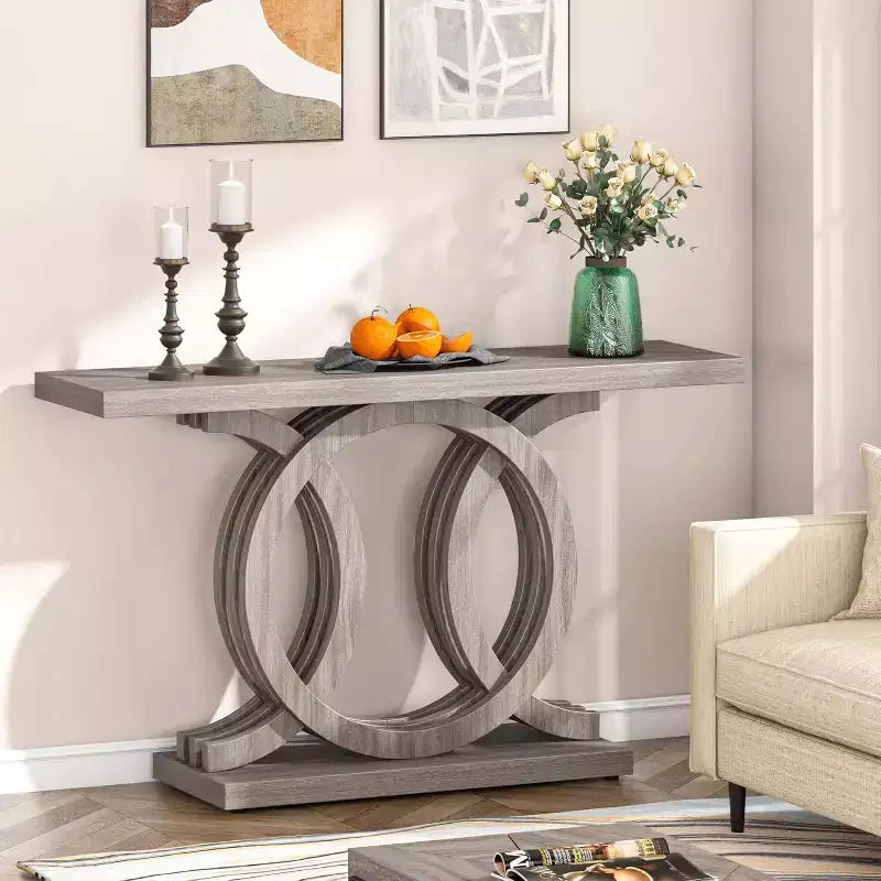 Mesa consola de 55 pulgadas con base geométrica, estilo rústico, mesa de madera para pasillo, entrada o sofá, decorativa y organizadora (gris)