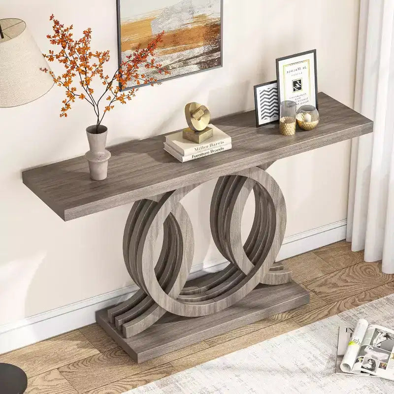 Mesa consola de 55 pulgadas con base geométrica, estilo rústico, mesa de madera para pasillo, entrada o sofá, decorativa y organizadora (gris)