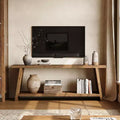 TV-Ständer aus Massivholz, 2-stufige Medienkonsole im Landhausstil für 55/60/65-Zoll-Fernseher, TV-Ständer im modernen Mid-Century-Stil fürs Wohnzimmer (Braun, 63 Zoll)