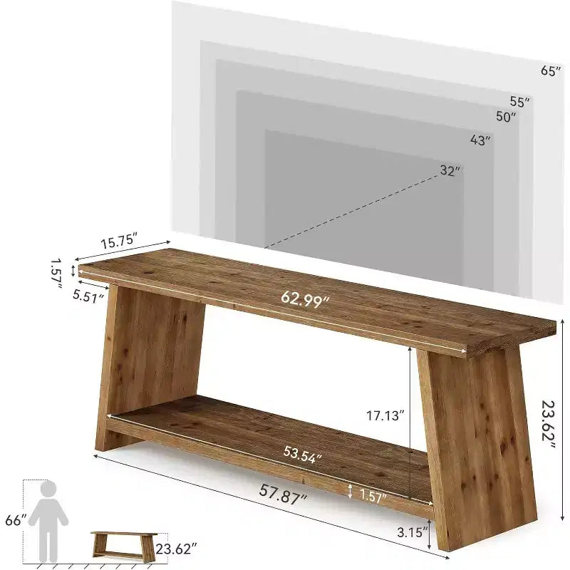 TV-Ständer aus Massivholz, 2-stufige Medienkonsole im Landhausstil für 55/60/65-Zoll-Fernseher, TV-Ständer im modernen Mid-Century-Stil fürs Wohnzimmer (Braun, 63 Zoll)