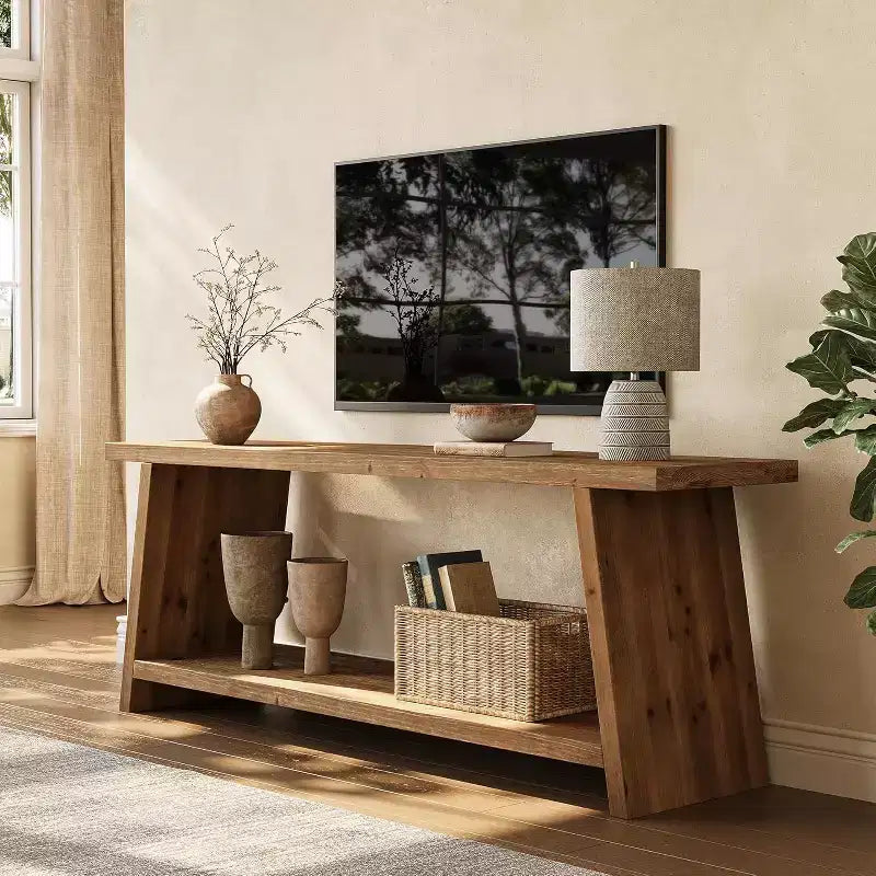 Mueble para TV de madera maciza, consola multimedia rústica de 2 niveles para TV de 55/60/65 pulgadas, mueble para TV moderno de mediados de siglo para sala de estar (marrón, 63 pulgadas)