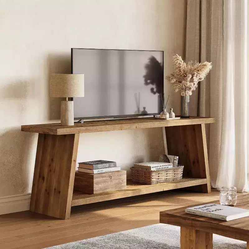Mueble para TV de madera maciza, consola multimedia rústica de 2 niveles para TV de 55/60/65 pulgadas, mueble para TV moderno de mediados de siglo para sala de estar (marrón, 63 pulgadas)