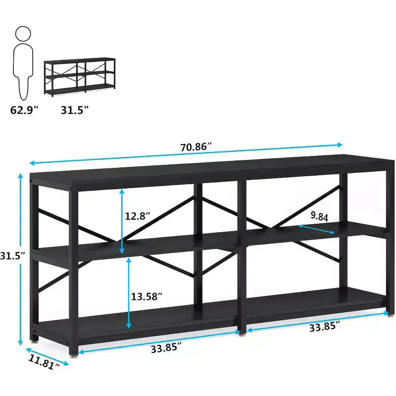 177,8 cm extra langer Konsolentisch, moderner Sofatisch mit Ablagefächern, 3-stufiger Konsolentisch im Industrie-Stil für den Eingangsbereich und das Wohnzimmer, Schwarz