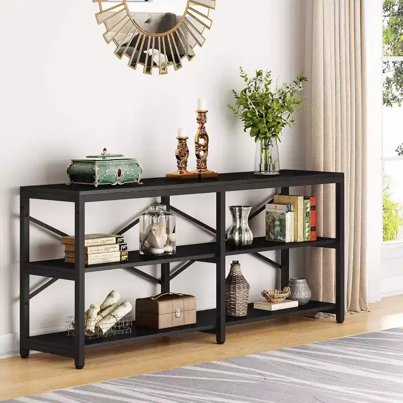 177,8 cm extra langer Konsolentisch, moderner Sofatisch mit Ablagefächern, 3-stufiger Konsolentisch im Industrie-Stil für den Eingangsbereich und das Wohnzimmer, Schwarz