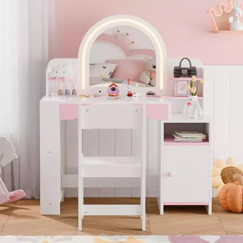 Tocador de princesa 2 en 1 con luces, estantes de almacenamiento abiertos