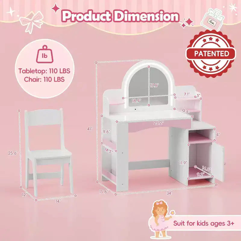 Tocador de princesa 2 en 1 con luces, estantes de almacenamiento abiertos