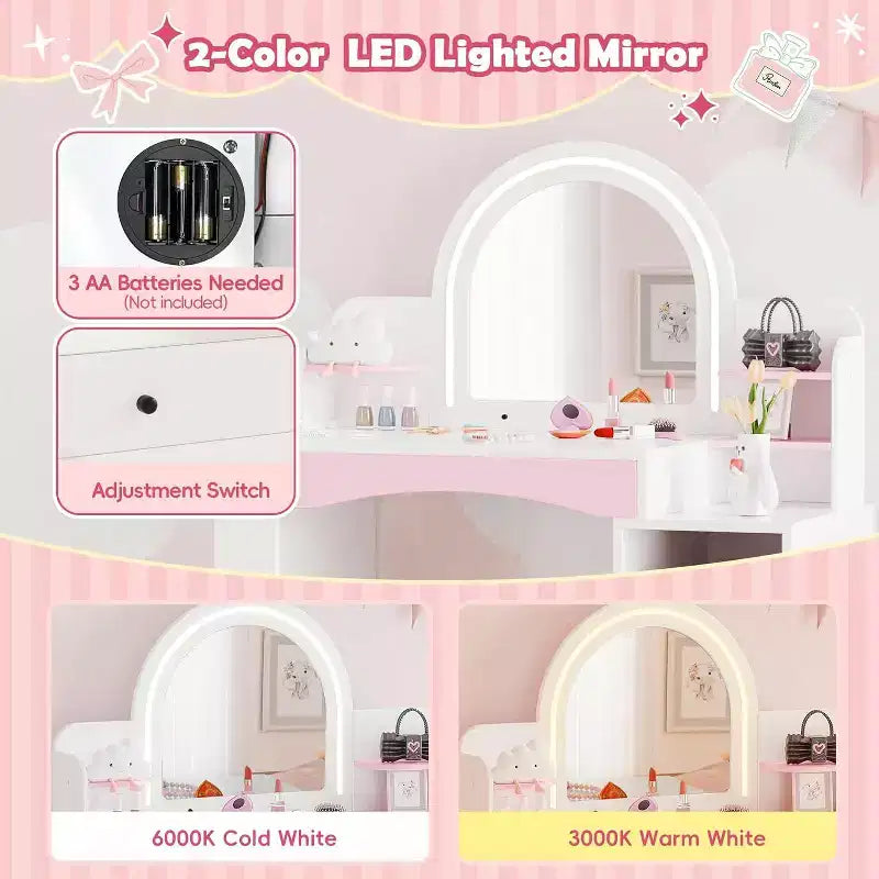 Tocador de princesa 2 en 1 con luces, estantes de almacenamiento abiertos