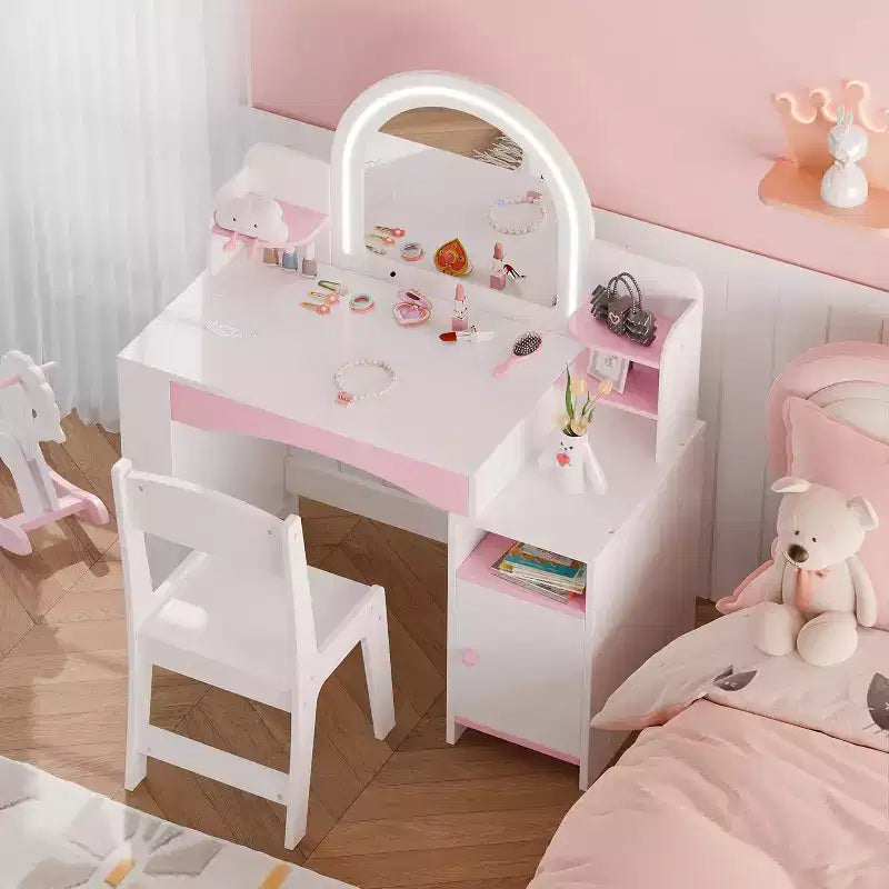 Tocador de princesa 2 en 1 con luces, estantes de almacenamiento abiertos