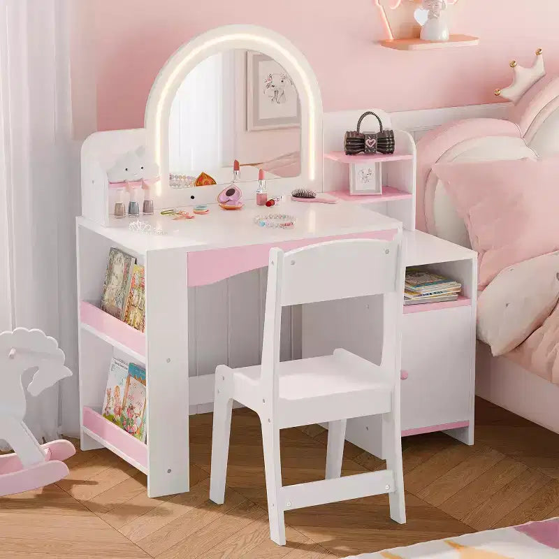 2-in-1-Prinzessinnen-Schminktisch mit Beleuchtung und offenen Regalfächern