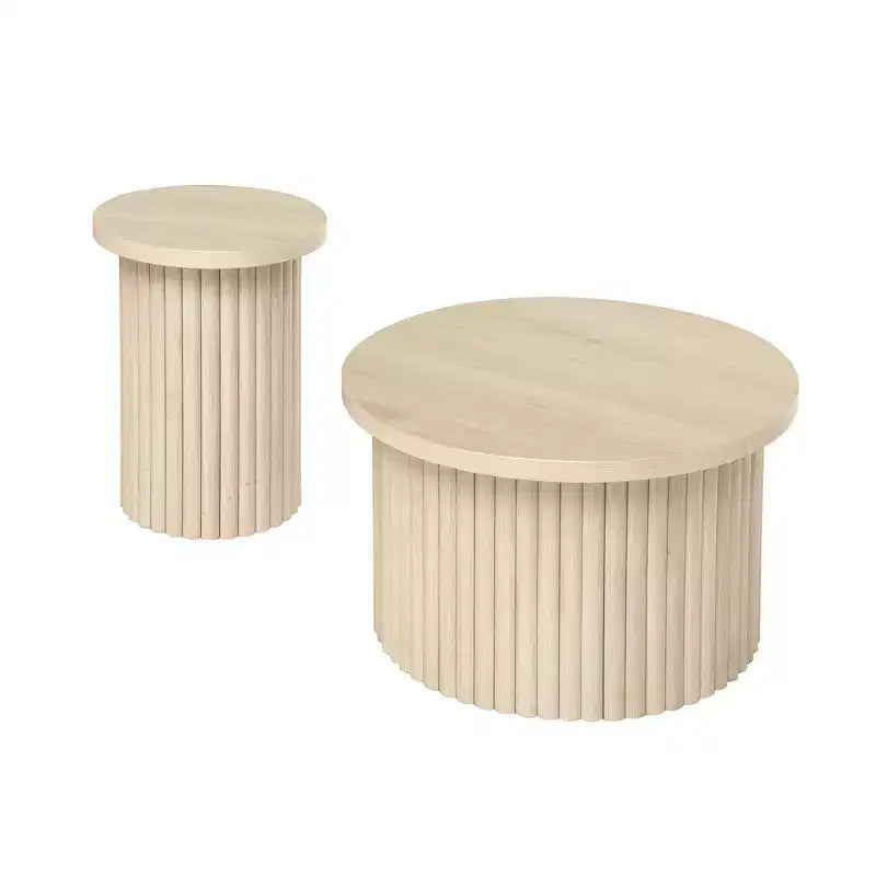 Rundes, gerilltes Couchtisch-Set, 2 verschachtelbare Tische in Naturholzoptik für Wohnzimmer oder Lounge