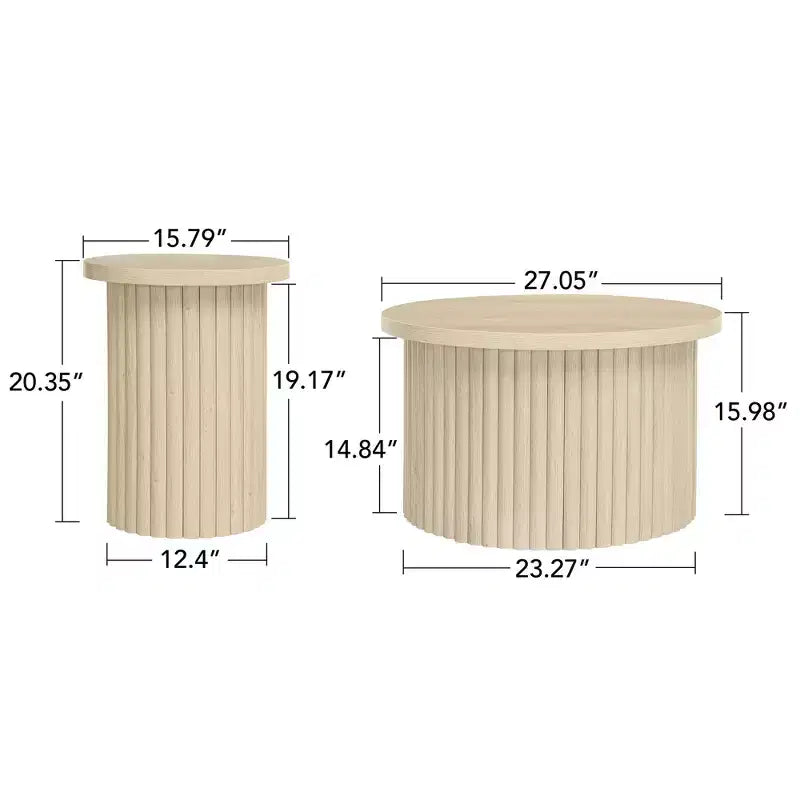 Rundes, gerilltes Couchtisch-Set, 2 verschachtelbare Tische in Naturholzoptik für Wohnzimmer oder Lounge