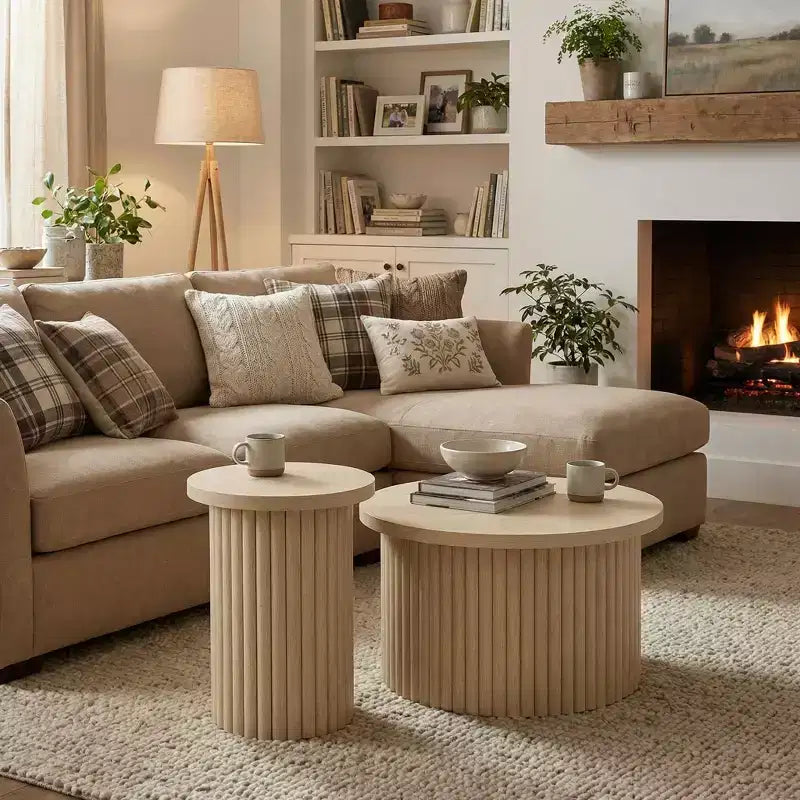 Rundes, gerilltes Couchtisch-Set, 2 verschachtelbare Tische in Naturholzoptik für Wohnzimmer oder Lounge
