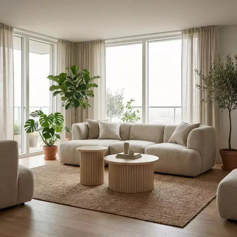 Rundes, gerilltes Couchtisch-Set, 2 verschachtelbare Tische in Naturholzoptik für Wohnzimmer oder Lounge