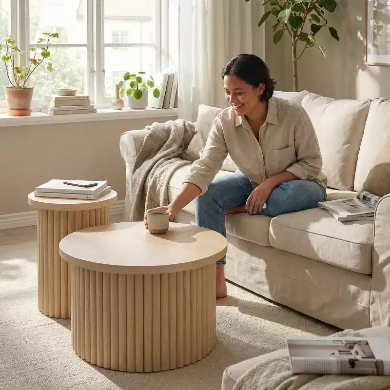 Rundes, gerilltes Couchtisch-Set, 2 verschachtelbare Tische in Naturholzoptik für Wohnzimmer oder Lounge