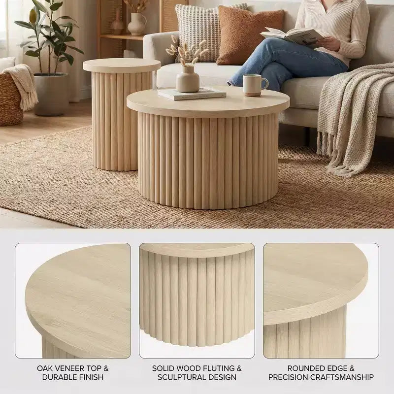 Rundes, gerilltes Couchtisch-Set, 2 verschachtelbare Tische in Naturholzoptik für Wohnzimmer oder Lounge