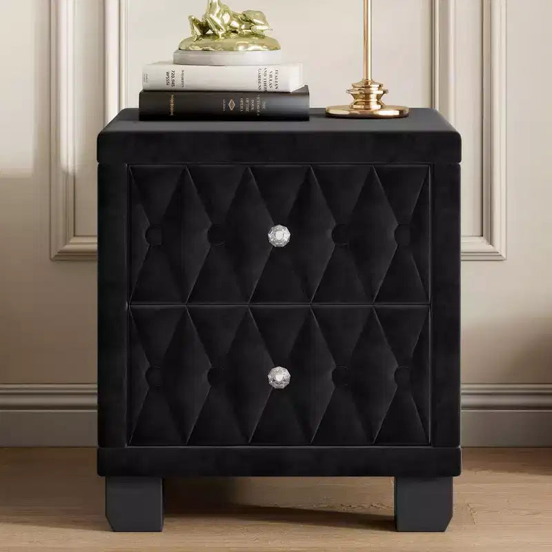 Élégante table de chevet en velours avec 2 tiroirs et poignée en cristal, avec capitonnage à boutons