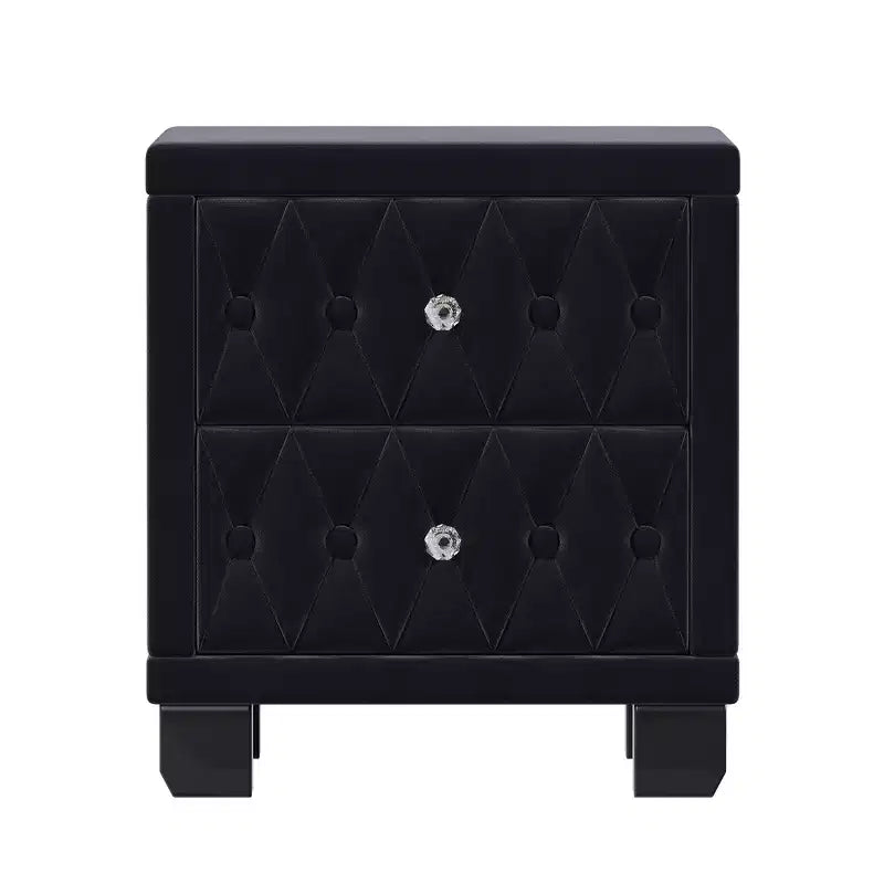 Élégante table de chevet en velours avec 2 tiroirs et poignée en cristal, avec capitonnage à boutons