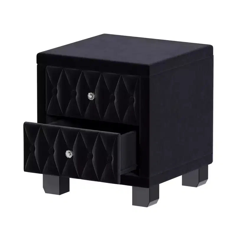 Élégante table de chevet en velours avec 2 tiroirs et poignée en cristal, avec capitonnage à boutons