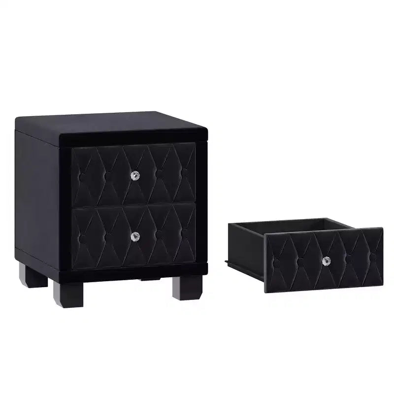 Élégante table de chevet en velours avec 2 tiroirs et poignée en cristal, avec capitonnage à boutons