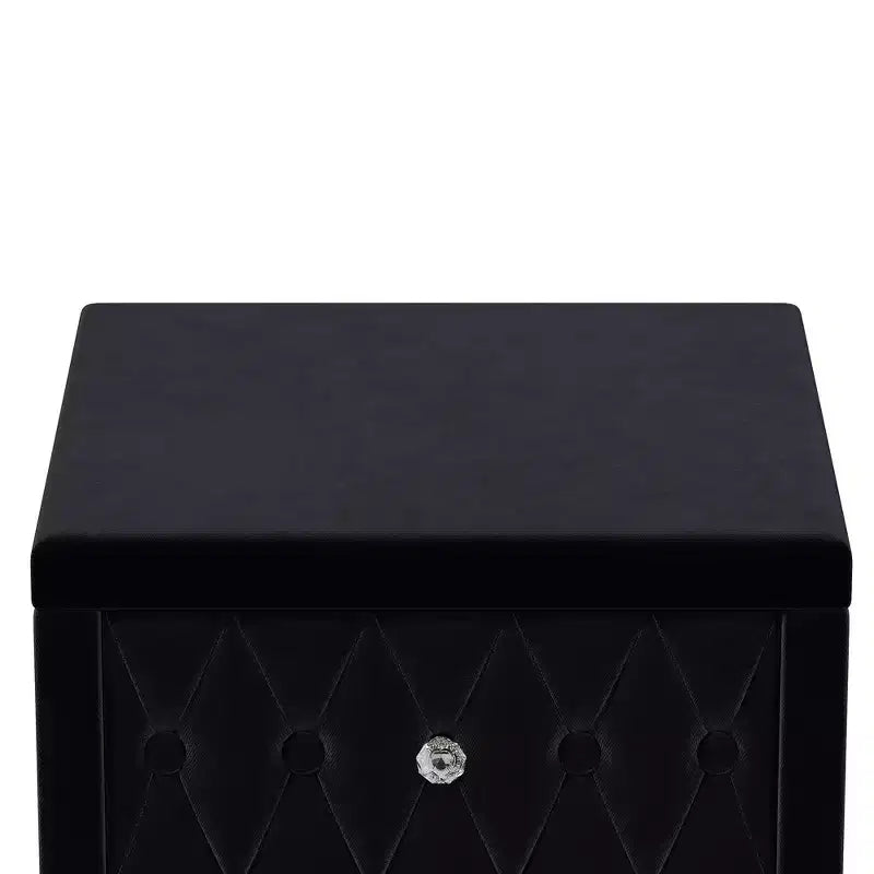 Élégante table de chevet en velours avec 2 tiroirs et poignée en cristal, avec capitonnage à boutons