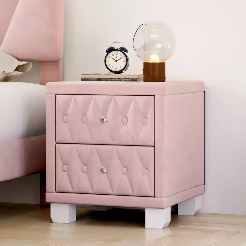 Élégante table de chevet en velours avec 2 tiroirs et poignée en cristal, avec capitonnage à boutons