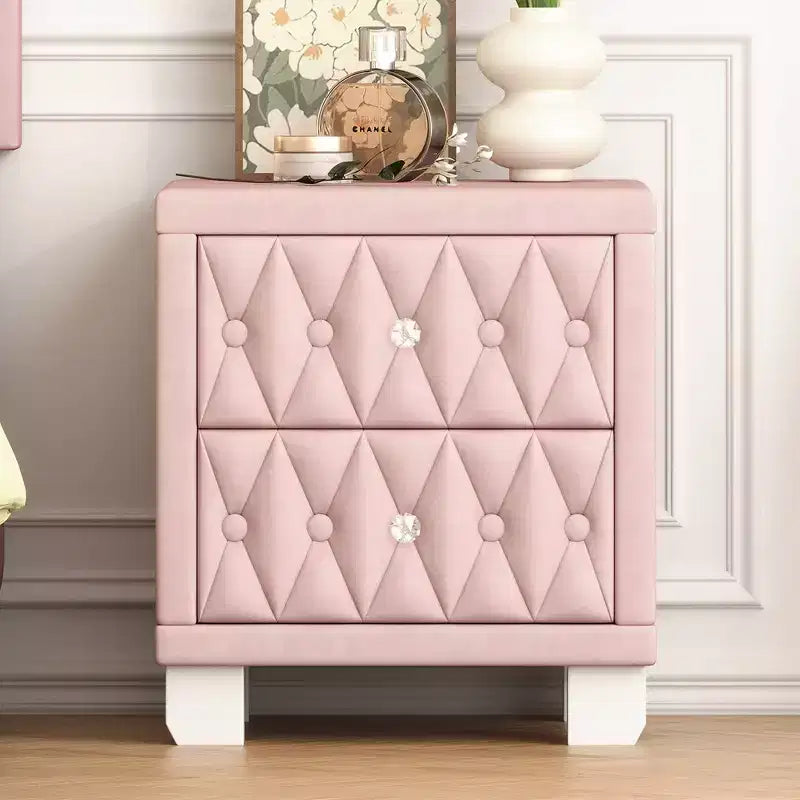 Élégante table de chevet en velours avec 2 tiroirs et poignée en cristal, avec capitonnage à boutons