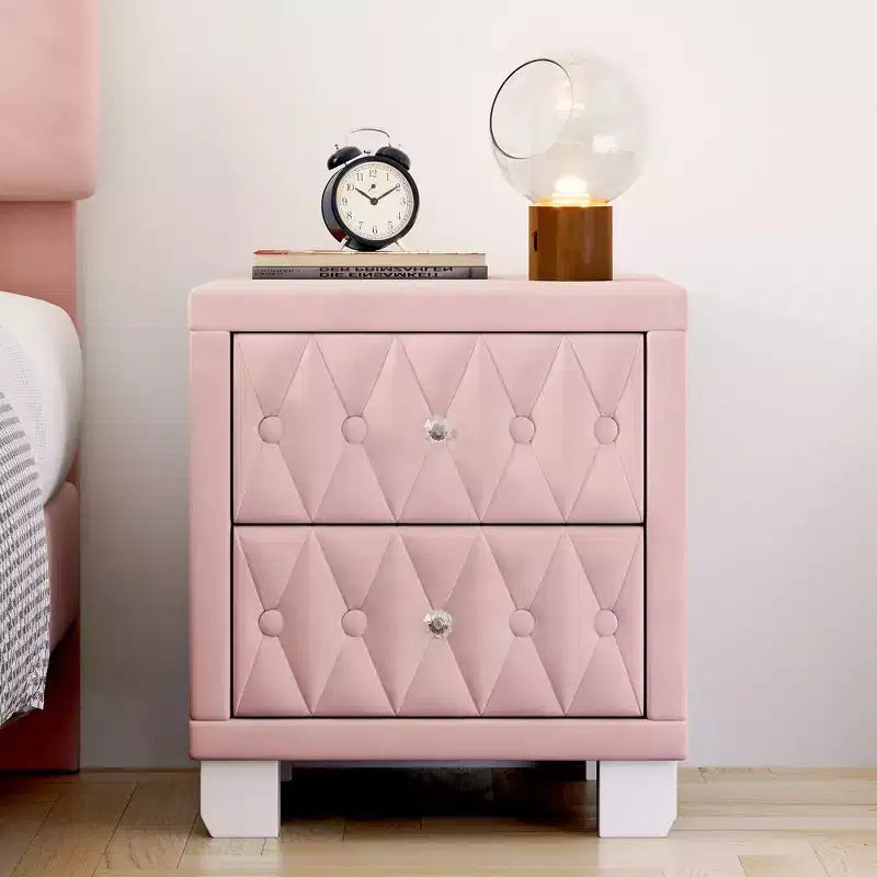 Élégante table de chevet en velours avec 2 tiroirs et poignée en cristal, avec capitonnage à boutons