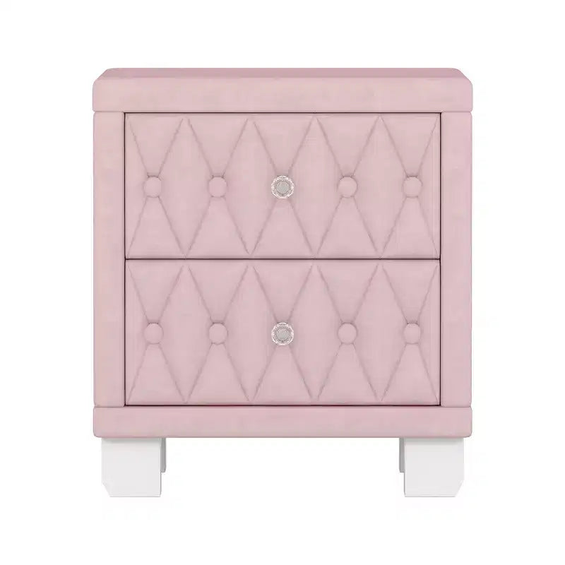 Élégante table de chevet en velours avec 2 tiroirs et poignée en cristal, avec capitonnage à boutons