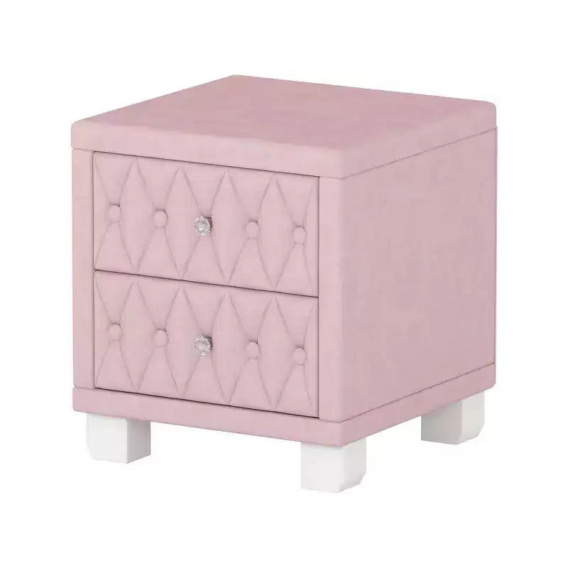 Élégante table de chevet en velours avec 2 tiroirs et poignée en cristal, avec capitonnage à boutons