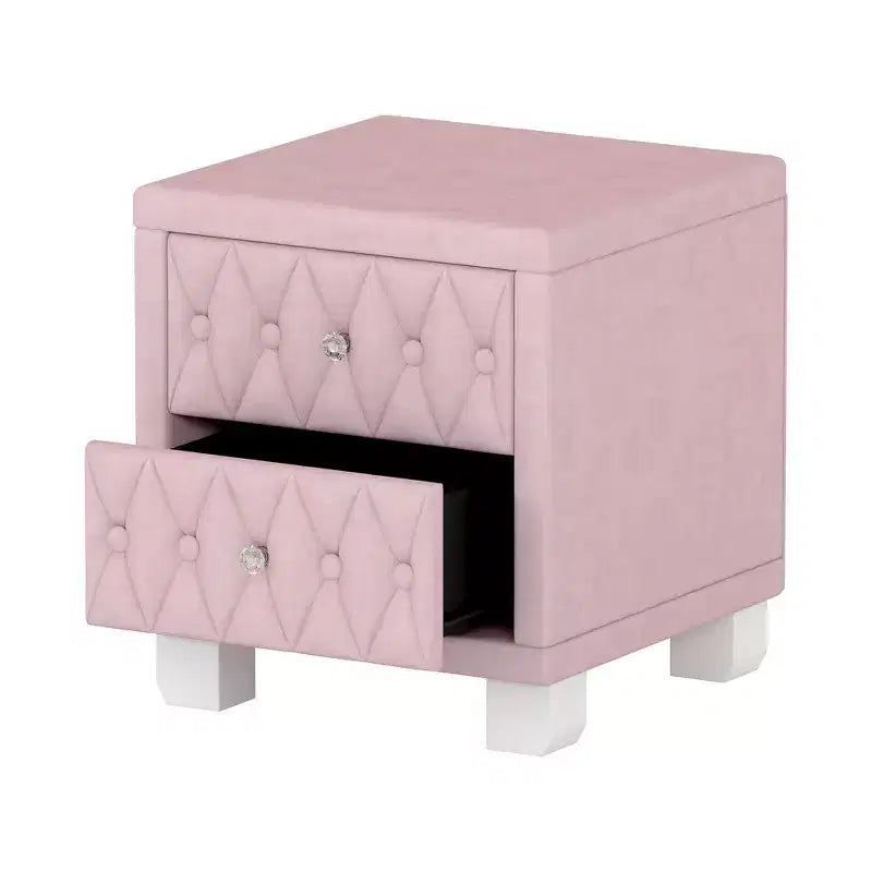 Élégante table de chevet en velours avec 2 tiroirs et poignée en cristal, avec capitonnage à boutons