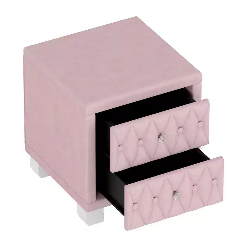 Élégante table de chevet en velours avec 2 tiroirs et poignée en cristal, avec capitonnage à boutons