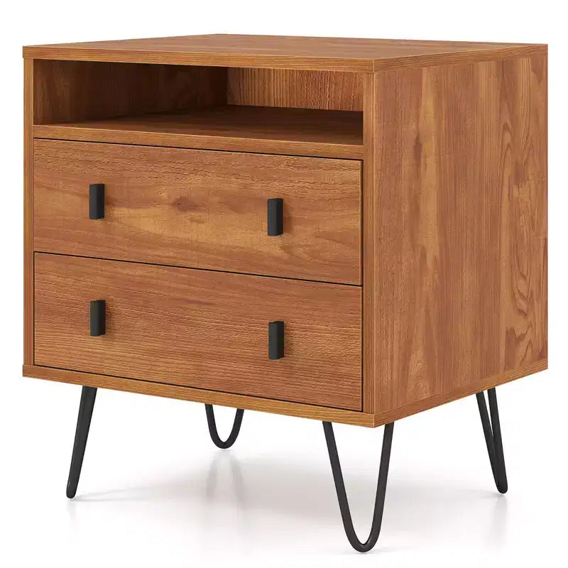 1/2 PCS Table de chevet à 2 tiroirs avec compartiment de rangement et pieds épingles en métal, pour le salon, noyer/naturel