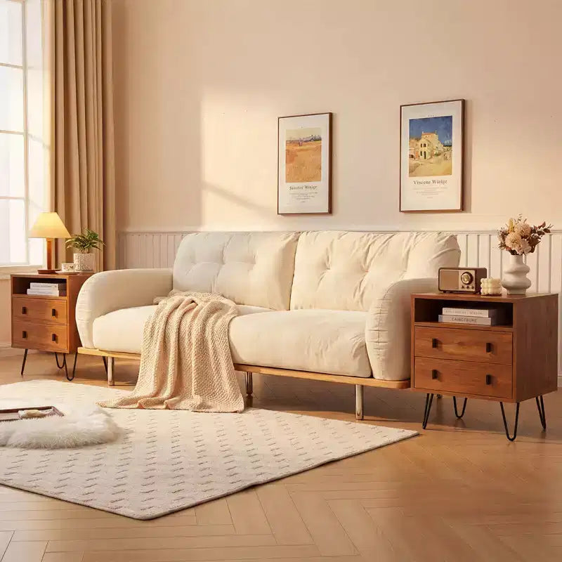 1/2 PCS Table de chevet à 2 tiroirs avec compartiment de rangement et pieds épingles en métal, pour le salon, noyer/naturel