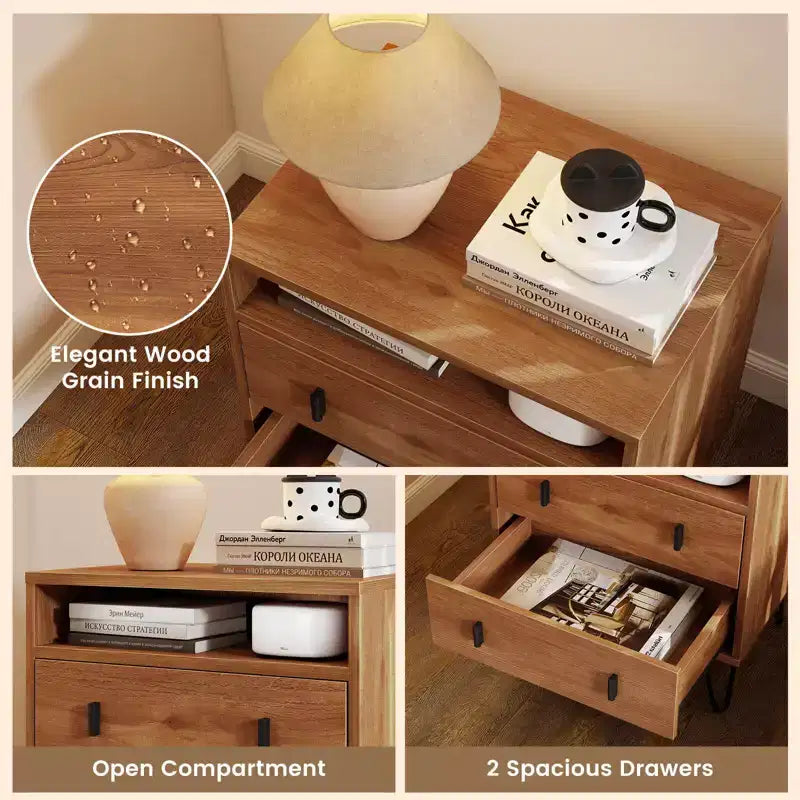 1/2 PCS Table de chevet à 2 tiroirs avec compartiment de rangement et pieds épingles en métal, pour le salon, noyer/naturel