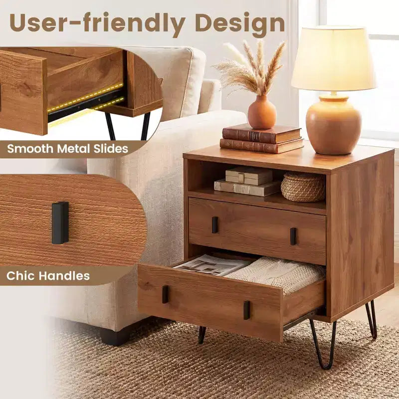 1/2 PCS Table de chevet à 2 tiroirs avec compartiment de rangement et pieds épingles en métal, pour le salon, noyer/naturel