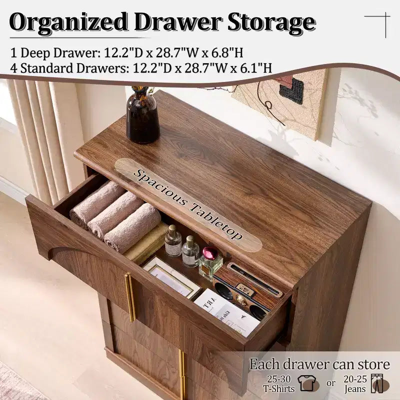 Commode à 5 tiroirs, commode haute de 44 avec panneaux arqués, finition texturée naturelle, pour la chambre
