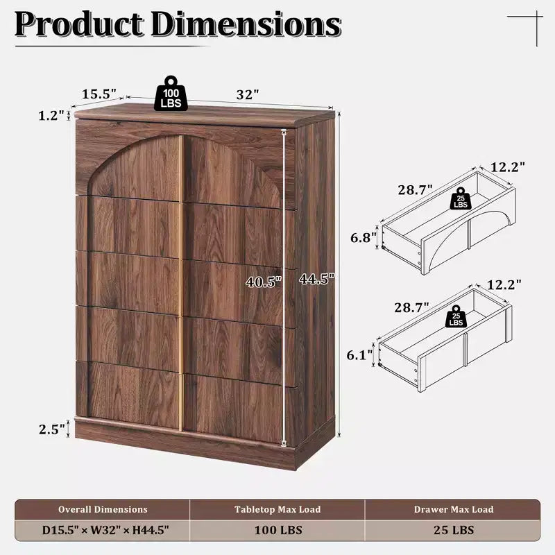 Commode à 5 tiroirs, commode haute de 44 avec panneaux arqués, finition texturée naturelle, pour la chambre