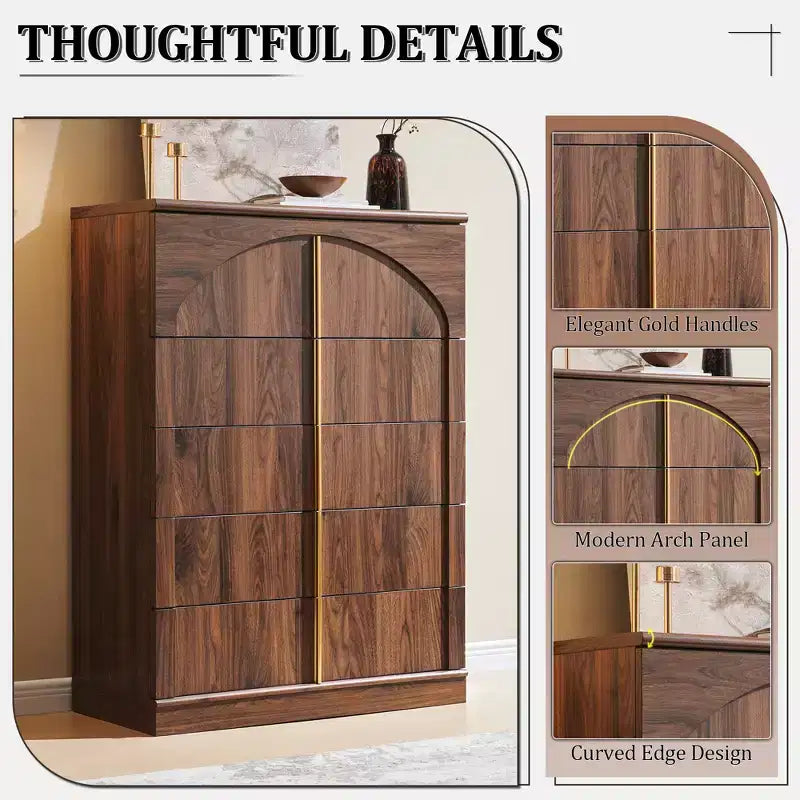 Commode à 5 tiroirs, commode haute de 44 avec panneaux arqués, finition texturée naturelle, pour la chambre