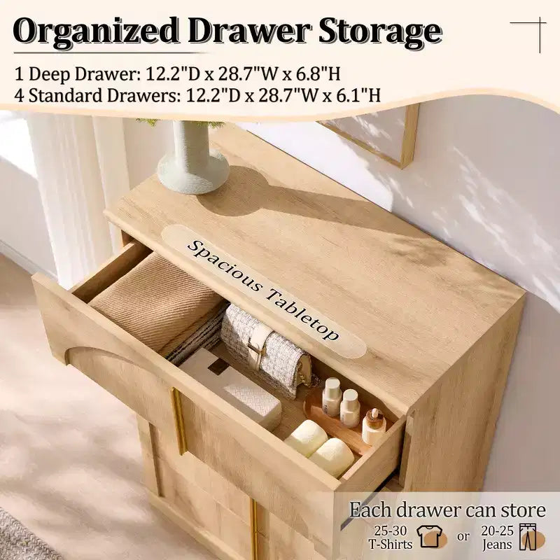 Commode à 5 tiroirs, commode haute de 44 avec panneaux arqués, finition texturée naturelle, pour la chambre