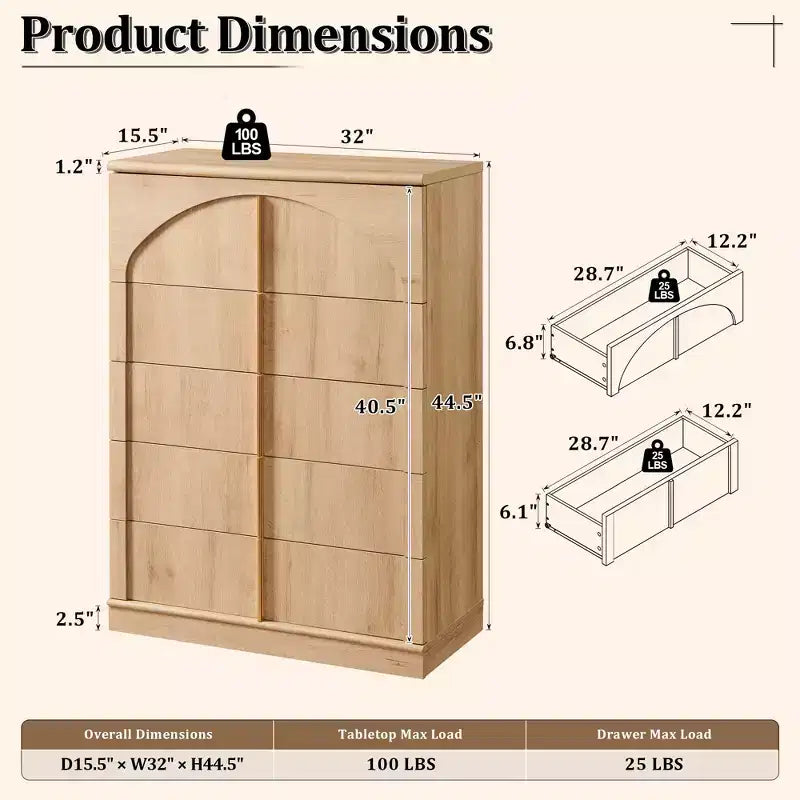 Commode à 5 tiroirs, commode haute de 44 avec panneaux arqués, finition texturée naturelle, pour la chambre