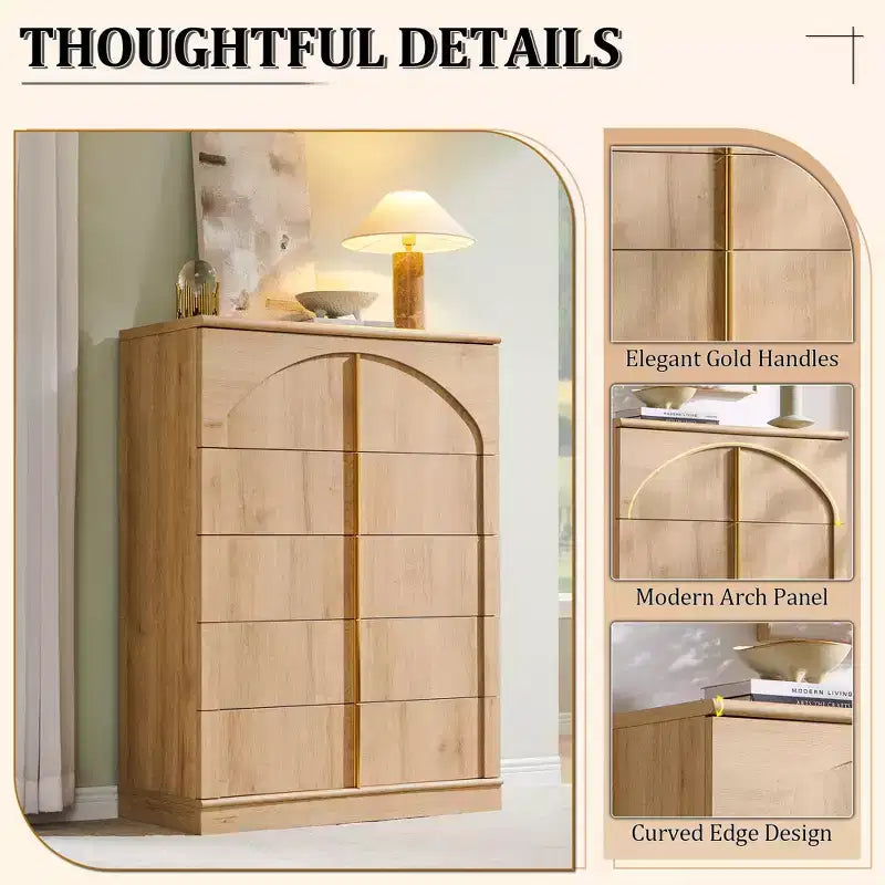 Commode à 5 tiroirs, commode haute de 44 avec panneaux arqués, finition texturée naturelle, pour la chambre