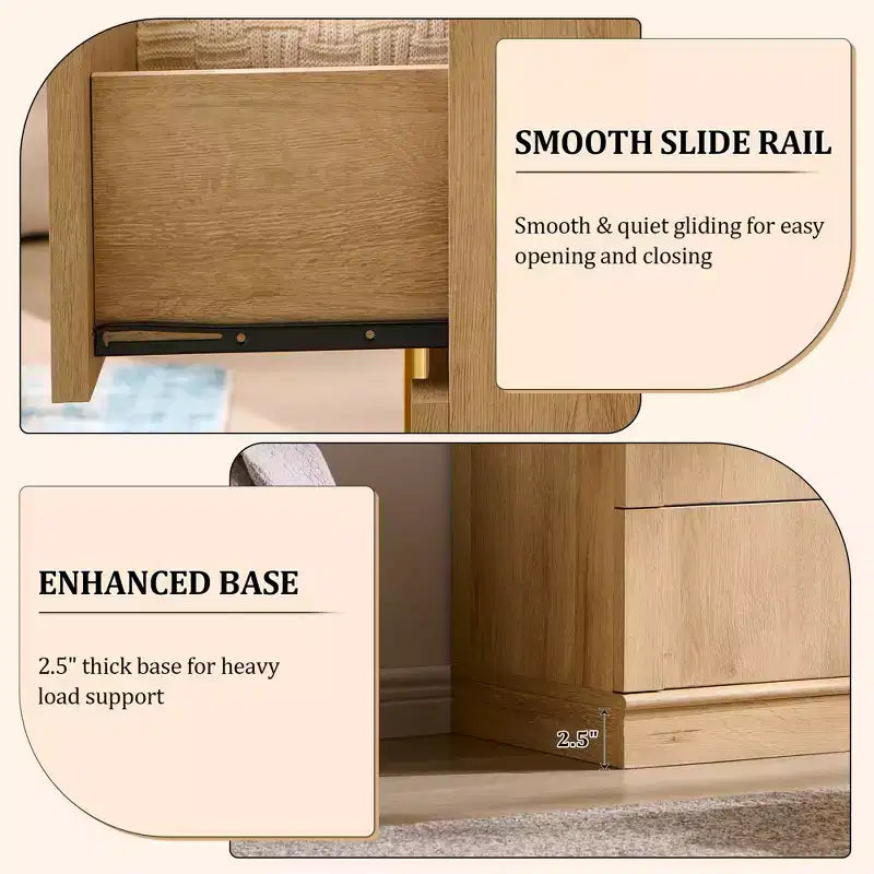 Commode à 5 tiroirs, commode haute de 44 avec panneaux arqués, finition texturée naturelle, pour la chambre
