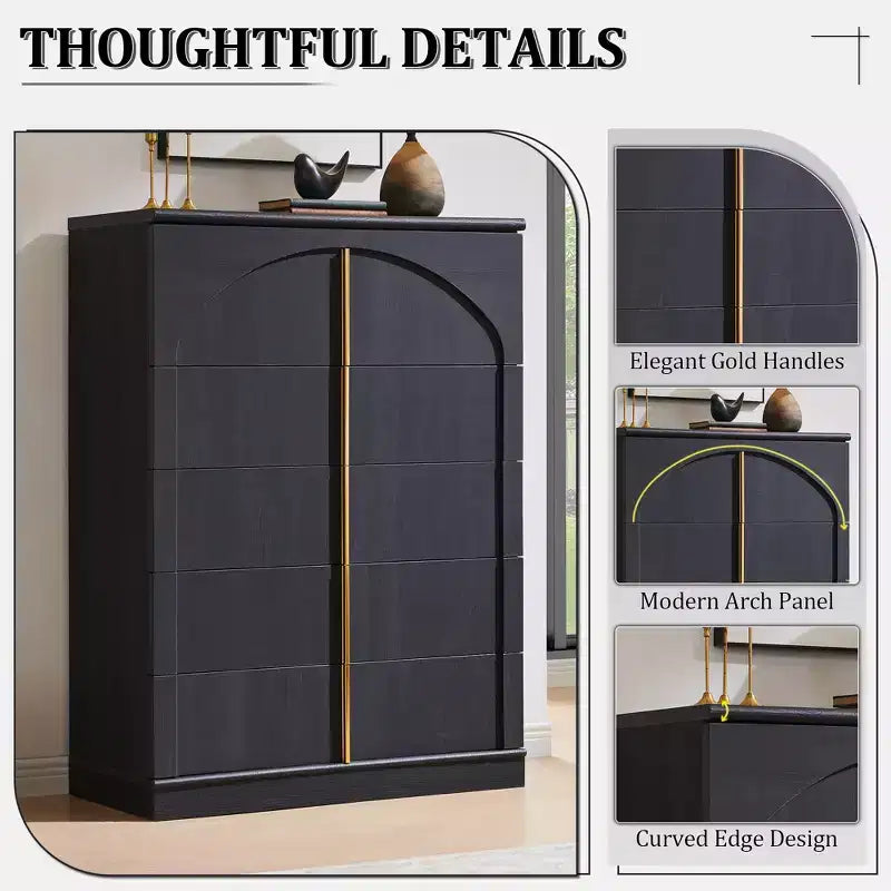 Kommode mit 5 Schubladen, 44 Zoll hohe Kommoden und Schubladenschränke mit gewölbtem Paneeldesign, moderner hoher Holzschrank mit natürlicher Textur fürs Schlafzimmer