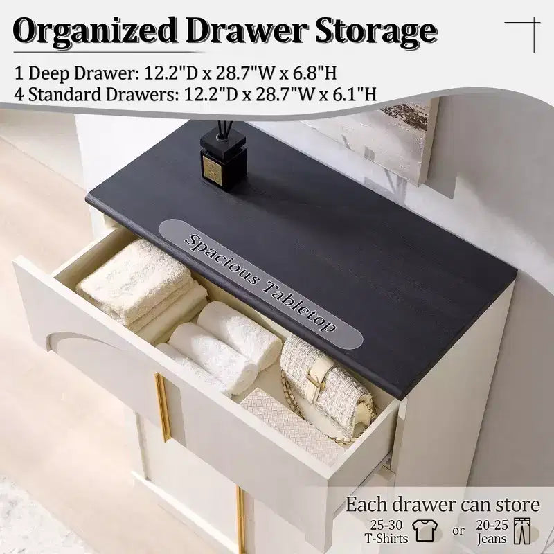 Commode à 5 tiroirs, commode haute de 44 avec panneaux arqués, finition texturée naturelle, pour la chambre
