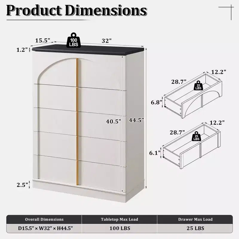 Commode à 5 tiroirs, commode haute de 44 avec panneaux arqués, finition texturée naturelle, pour la chambre