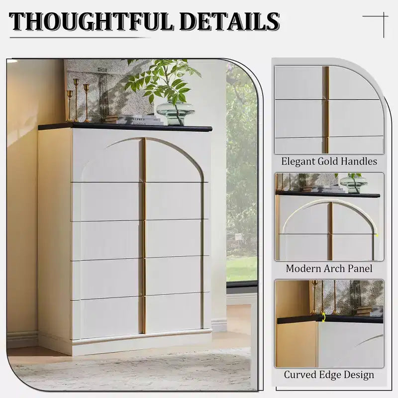 Commode à 5 tiroirs, commode haute de 44 avec panneaux arqués, finition texturée naturelle, pour la chambre
