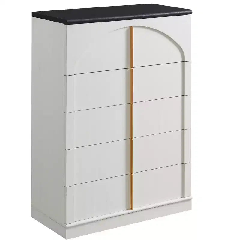 Commode à 5 tiroirs, commode haute de 44 avec panneaux arqués, finition texturée naturelle, pour la chambre