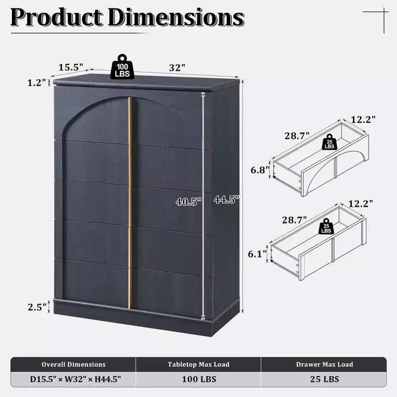 Commode à 5 tiroirs, commode haute de 44 avec panneaux arqués, finition texturée naturelle, pour la chambre